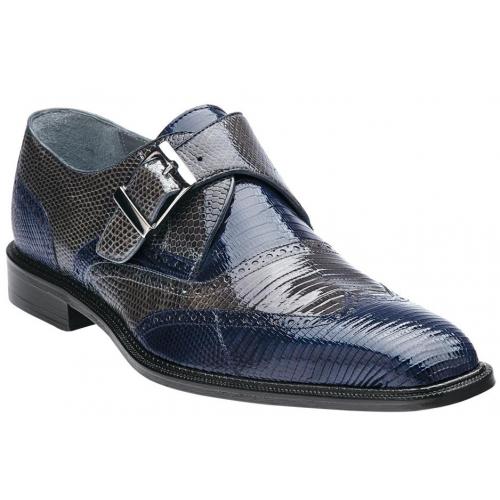 Belvedere "Pasta" Navy / Grey Genuine Lizard Two Tone Shoes with Monk Strap 1490